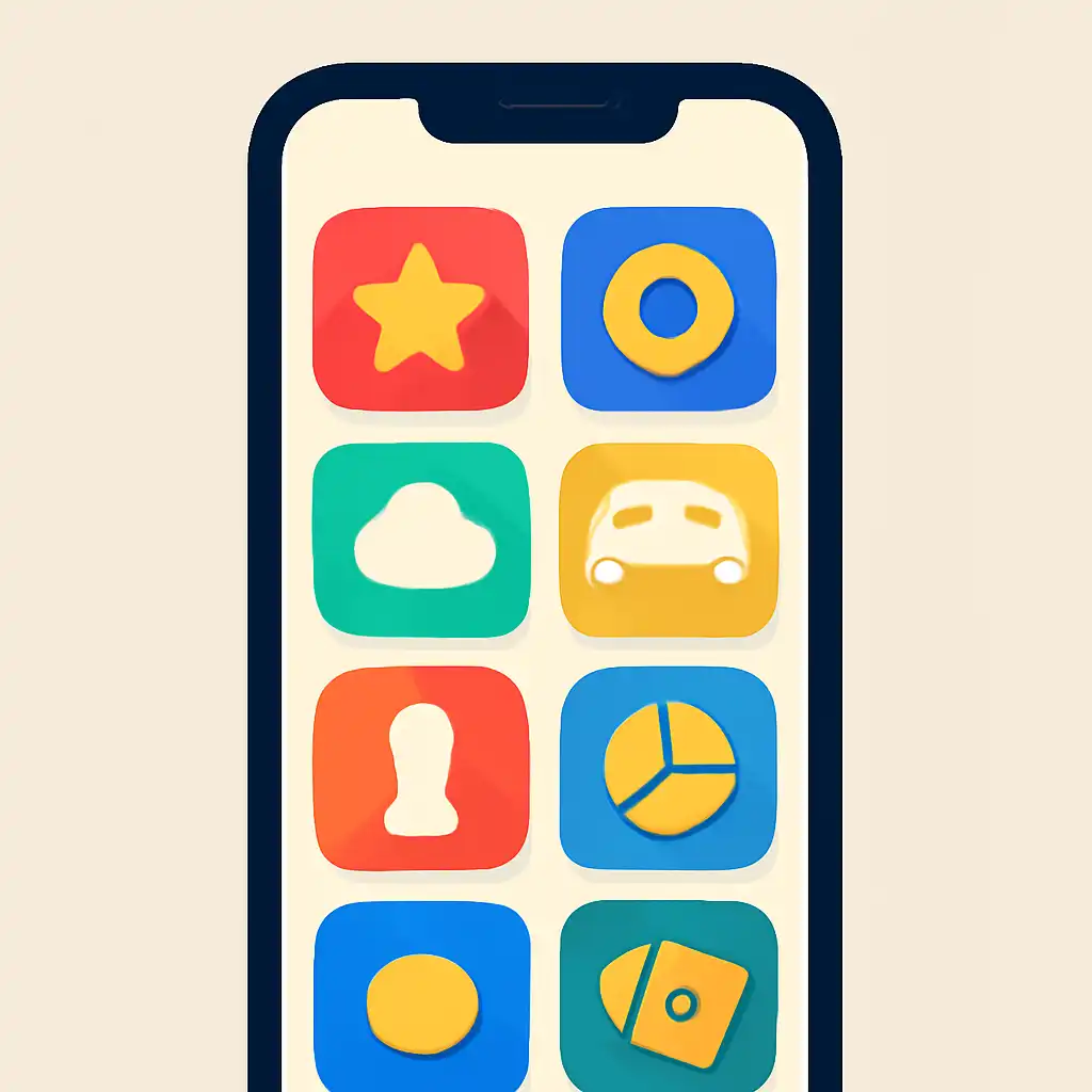 Smartphone shown from the front displaying a colourful flat layout of abstract game icons and rounded tiles (no text, no letters, no labels), Goa Games