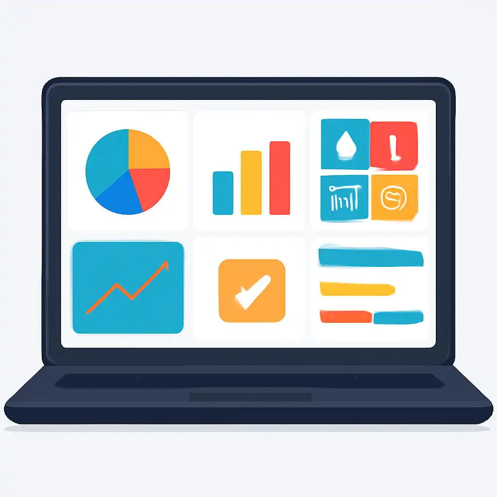 Laptop shown from the front displaying a colourful flat dashboard of abstract charts, bars and icon tiles (no text, no letters, no labels), Goa Games