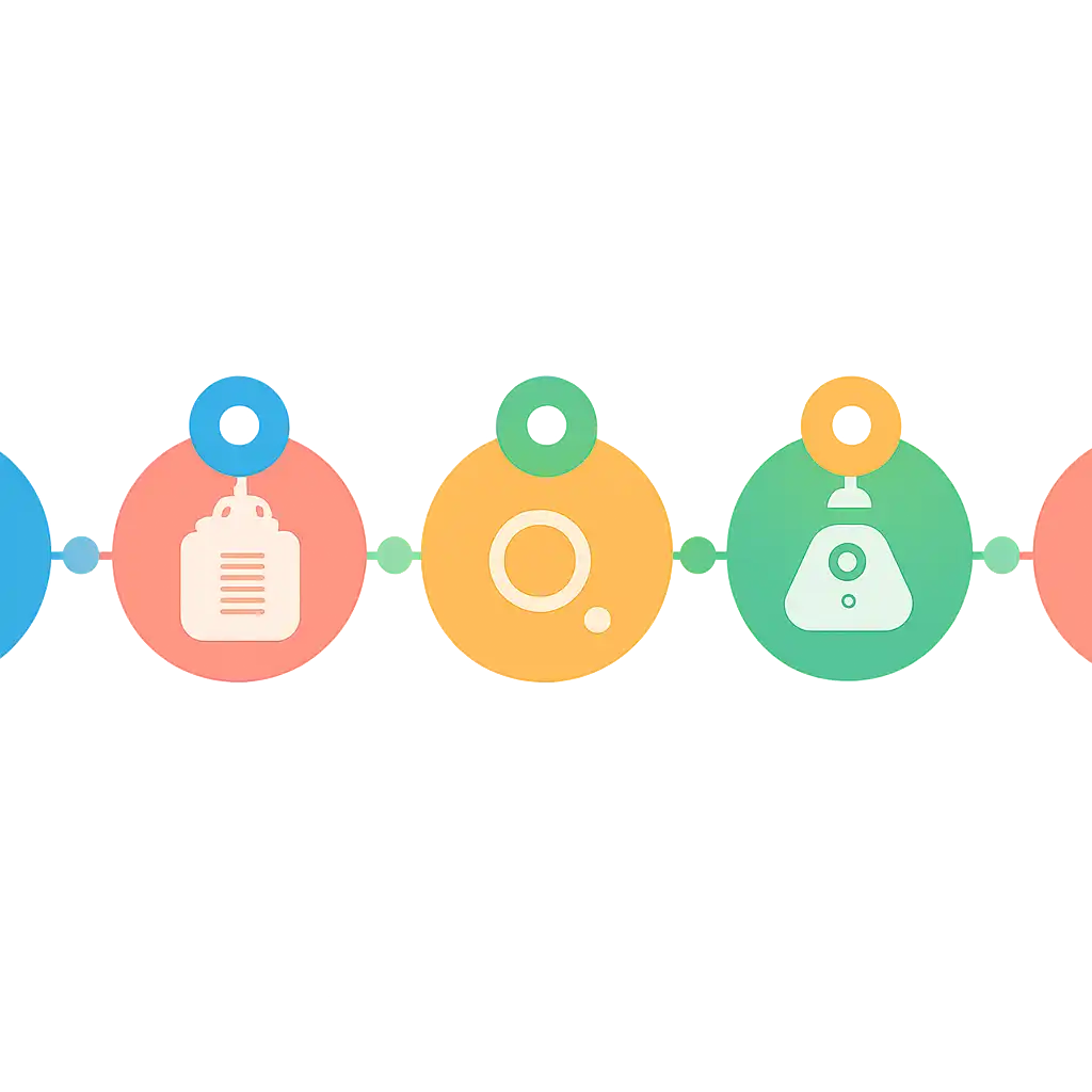 Five numbered circular icons connected by arrows in a horizontal flow, flat illustration, icons only, no words, Goa Games steps