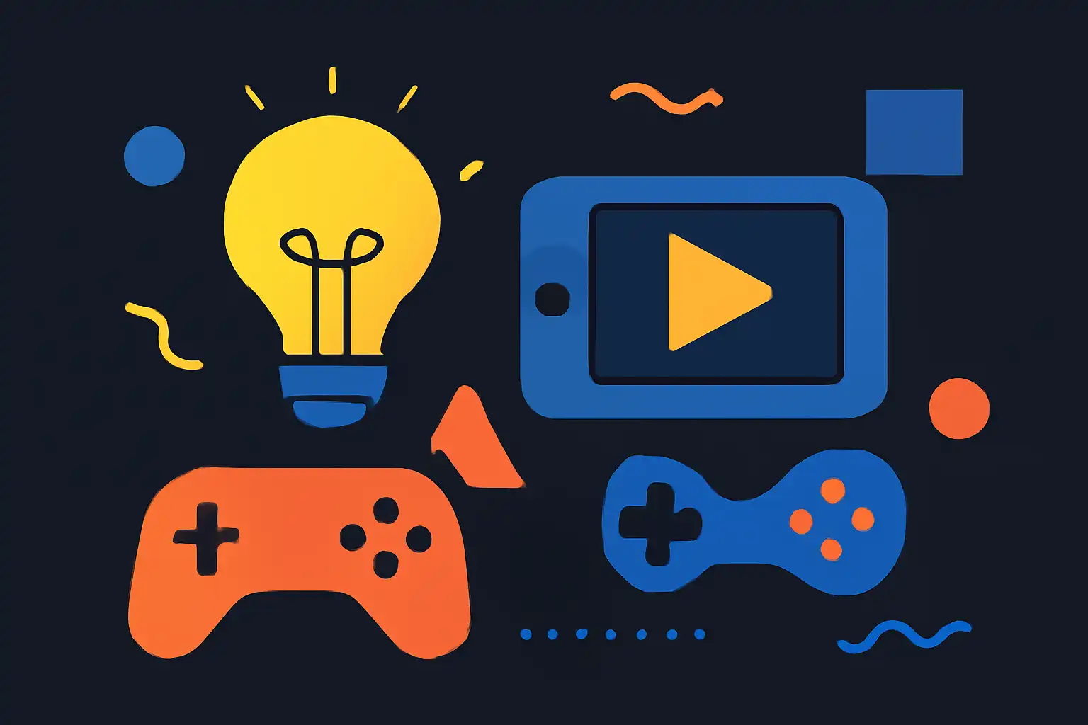 Hero illustration: Ideas, modern flat design, dark background, brand-neutral, icons and shapes only, no text