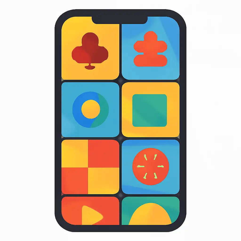 Smartphone shown from the front displaying a colourful flat layout of abstract game icons and rounded tiles (no text, no letters, no labels), Ideas