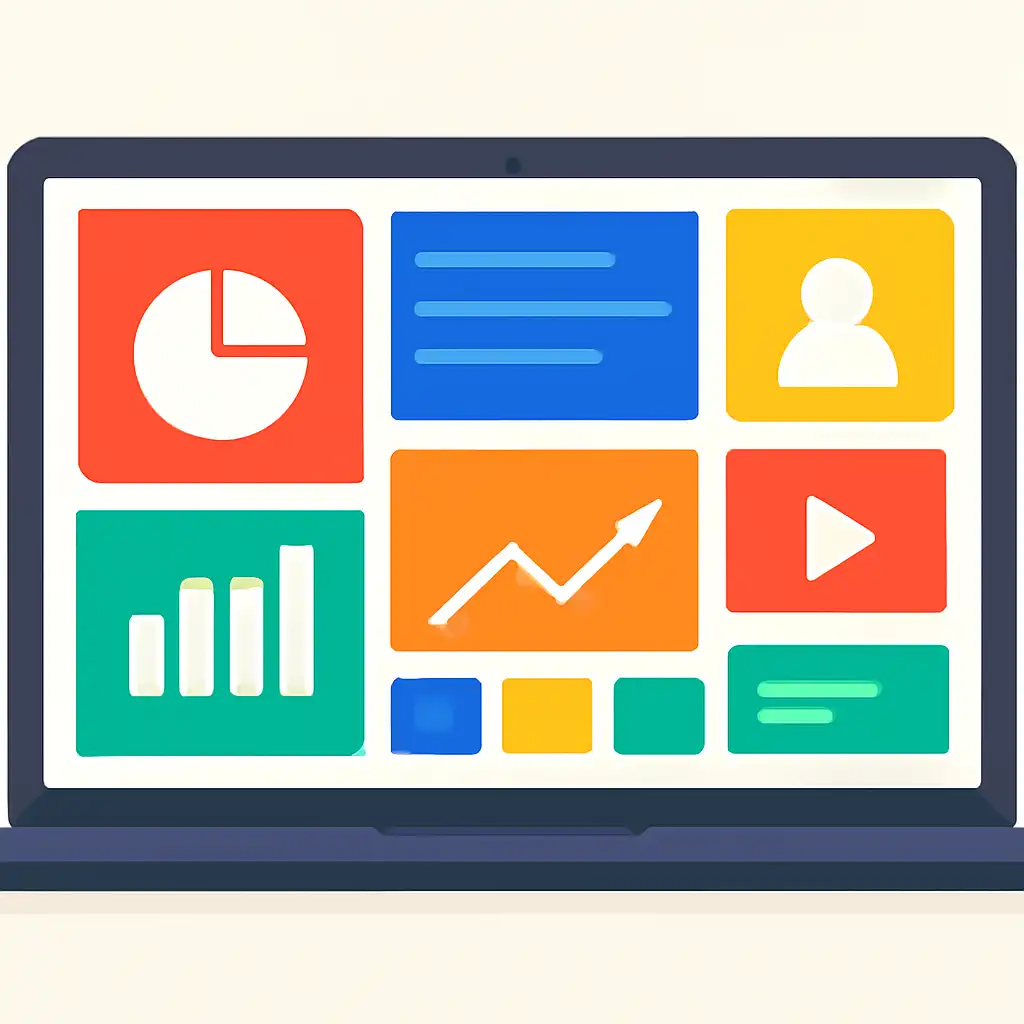 Laptop shown from the front displaying a colourful flat dashboard of abstract charts, bars and icon tiles (no text, no letters, no labels), Ideas