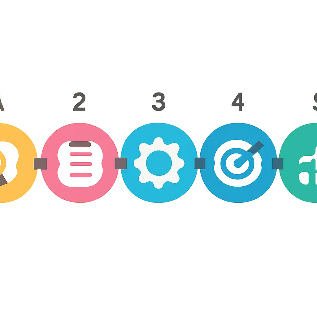 Five numbered circular icons connected by arrows in a horizontal flow, flat illustration, icons only, no words, Ideas steps