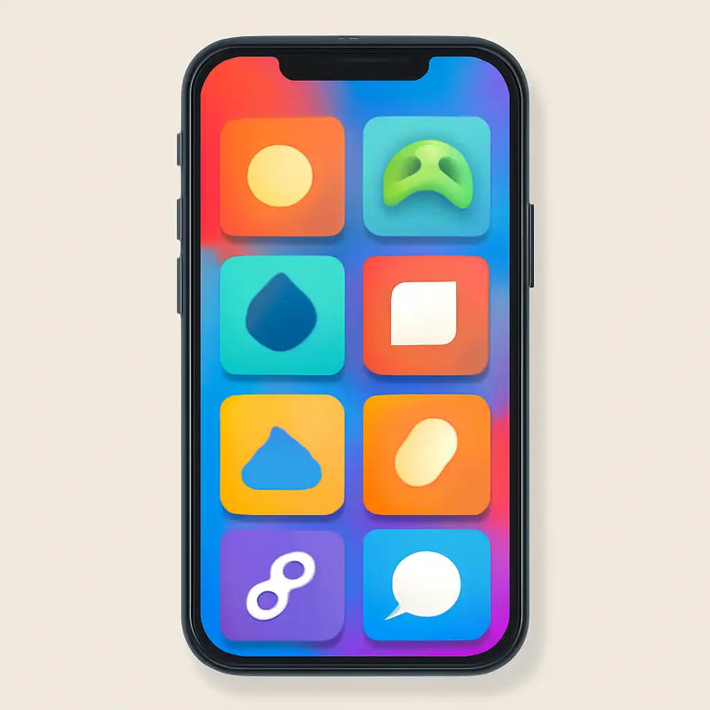 Smartphone shown from the front displaying a colourful flat layout of abstract game icons and rounded tiles (no text, no letters, no labels), Goa game
