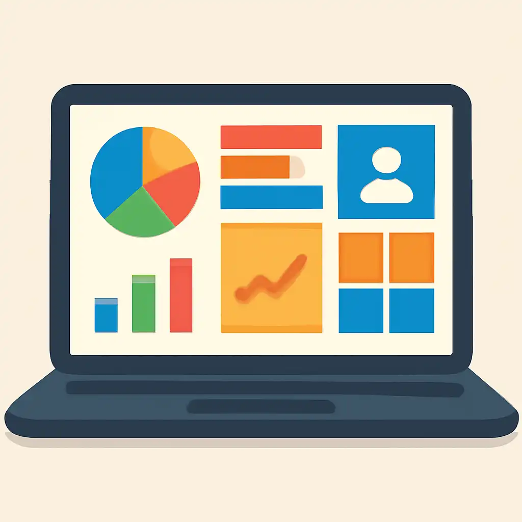 Laptop shown from the front displaying a colourful flat dashboard of abstract charts, bars and icon tiles (no text, no letters, no labels), Goa game