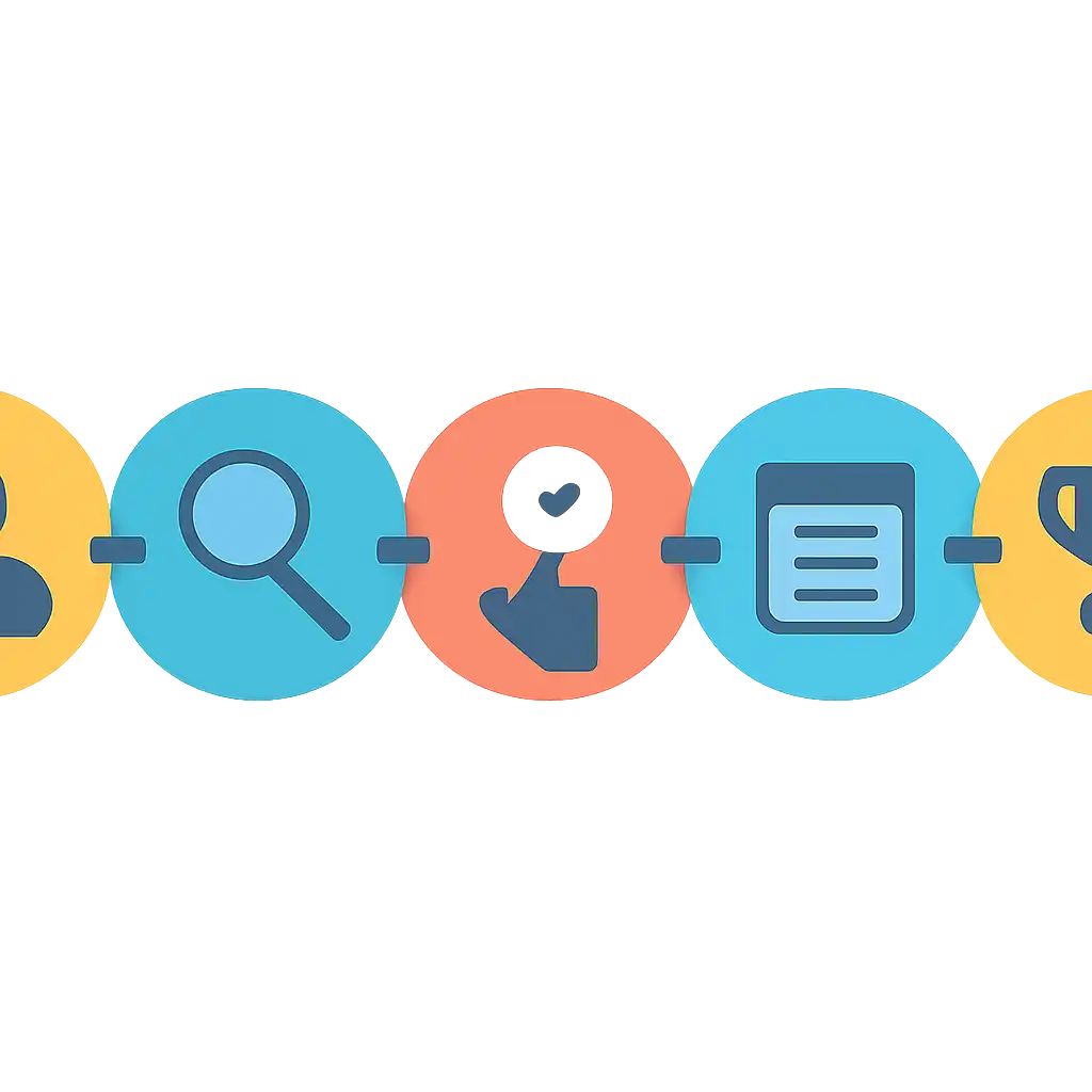 Five numbered circular icons connected by arrows in a horizontal flow, flat illustration, icons only, no words, Goa game steps