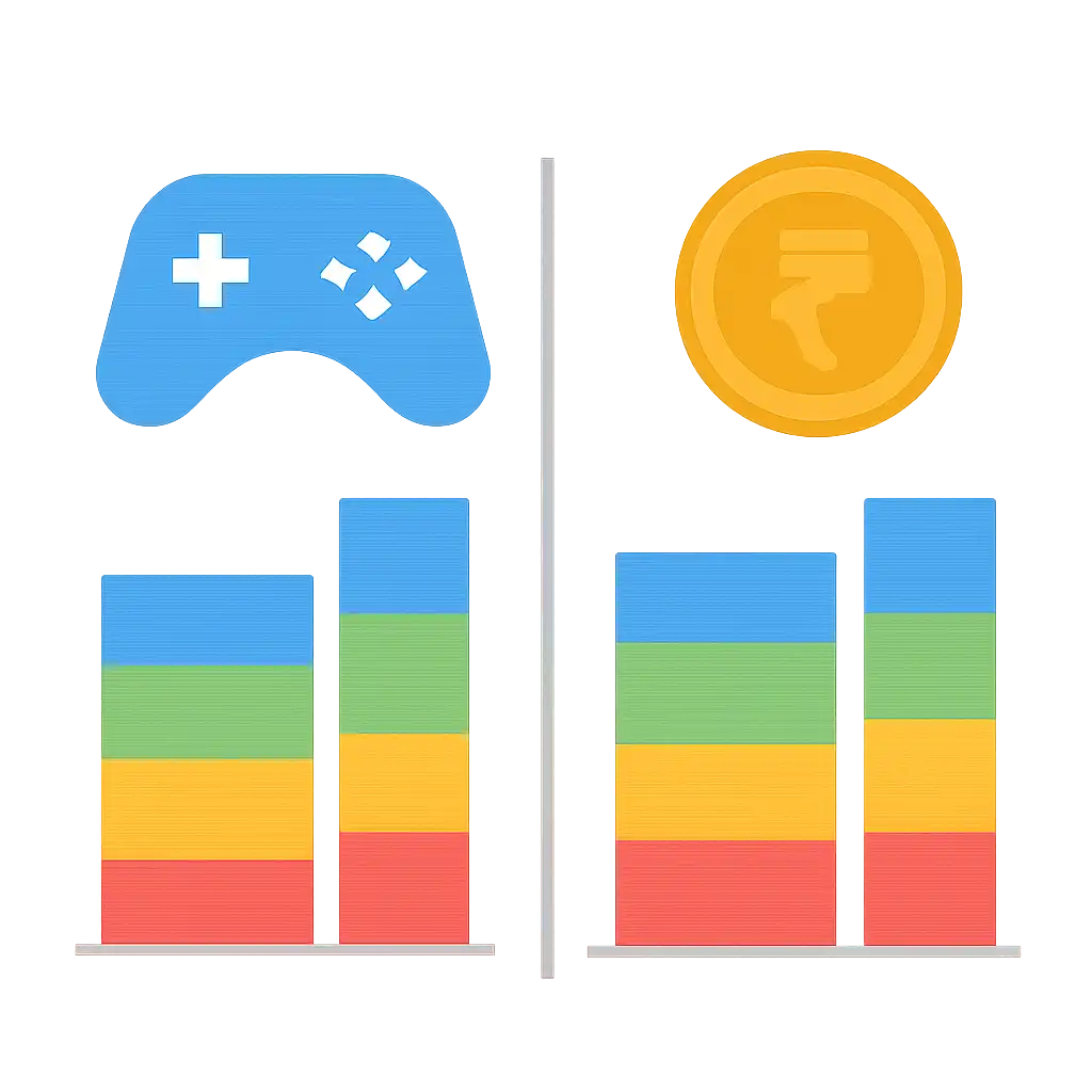 Infographic comparing options using coloured bars and icons only, no text or labels, flat design, Goa game