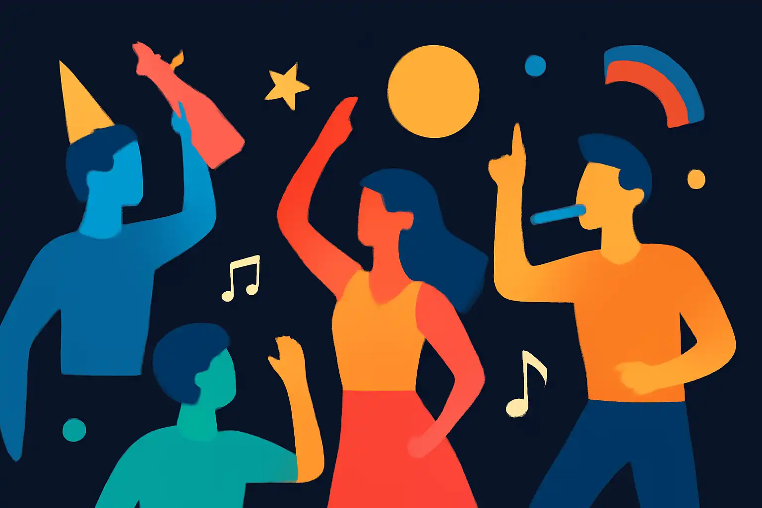 Hero illustration: Party, modern flat design, dark background, brand-neutral, icons and shapes only, no text