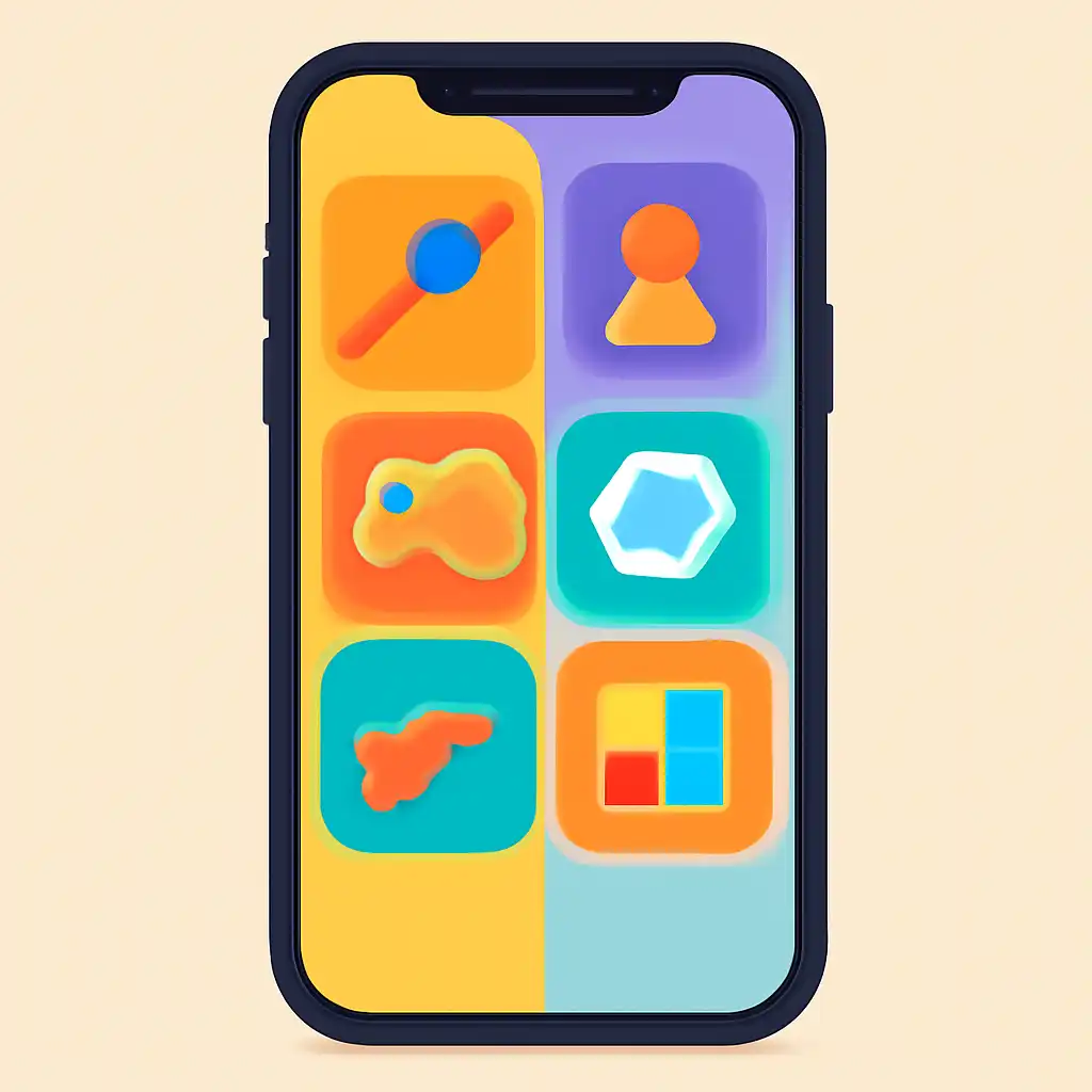 Smartphone shown from the front displaying a colourful flat layout of abstract game icons and rounded tiles (no text, no letters, no labels), Party