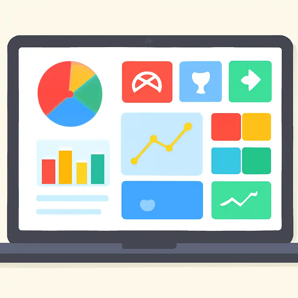 Laptop shown from the front displaying a colourful flat dashboard of abstract charts, bars and icon tiles (no text, no letters, no labels), Party
