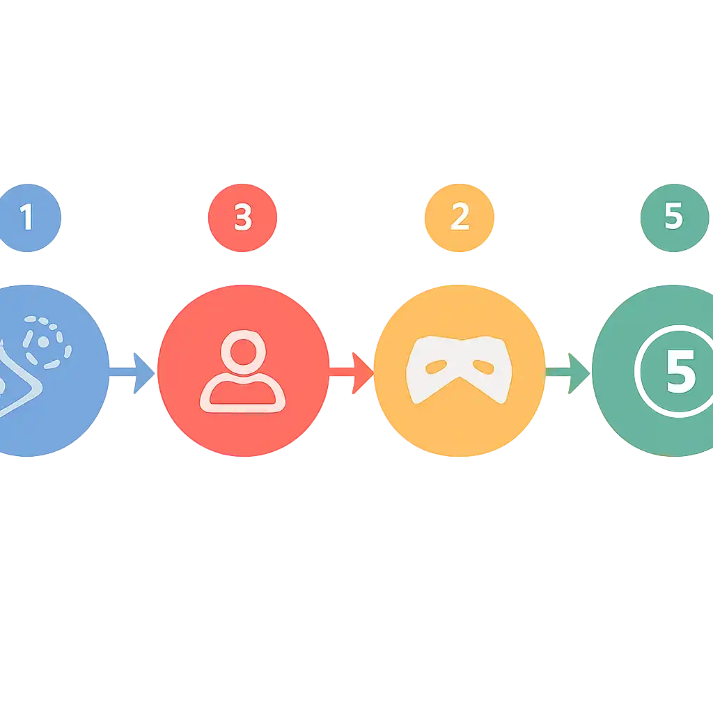 Five numbered circular icons connected by arrows in a horizontal flow, flat illustration, icons only, no words, Party steps