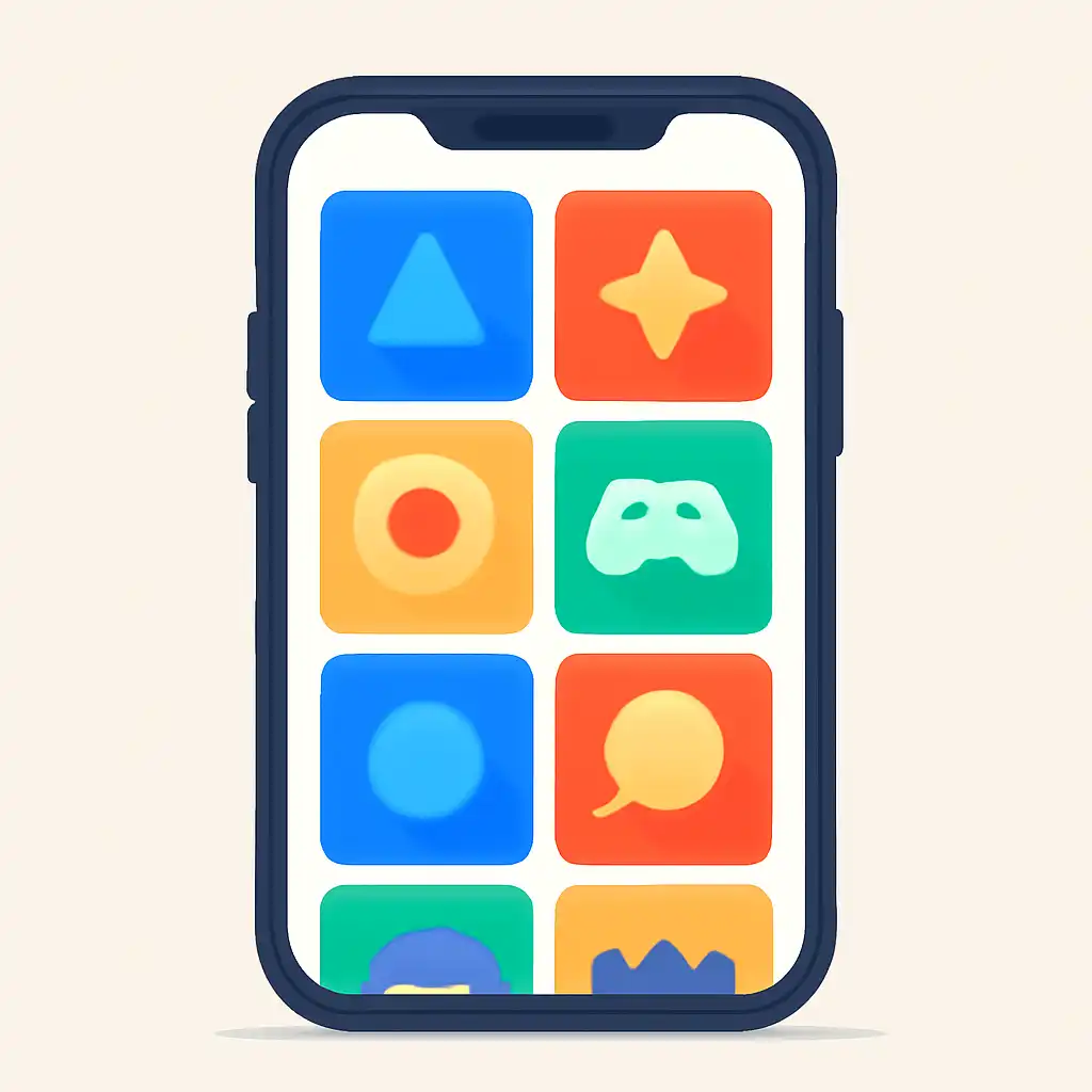 Smartphone shown from the front displaying a colourful flat layout of abstract game icons and rounded tiles (no text, no letters, no labels), Water