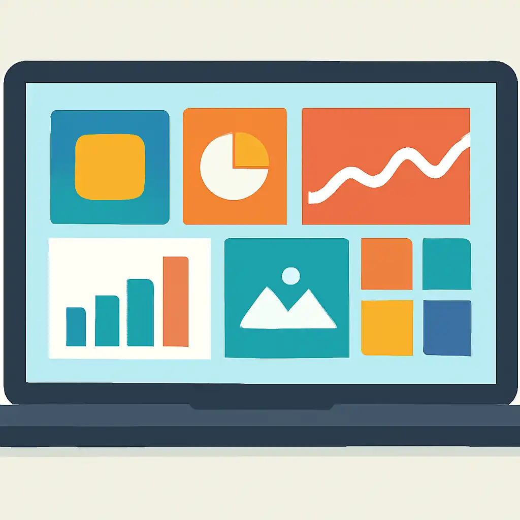 Laptop shown from the front displaying a colourful flat dashboard of abstract charts, bars and icon tiles (no text, no letters, no labels), Water
