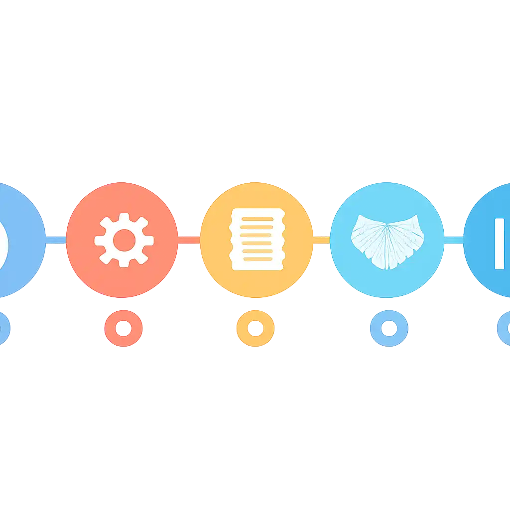 Five numbered circular icons connected by arrows in a horizontal flow, flat illustration, icons only, no words, Water steps