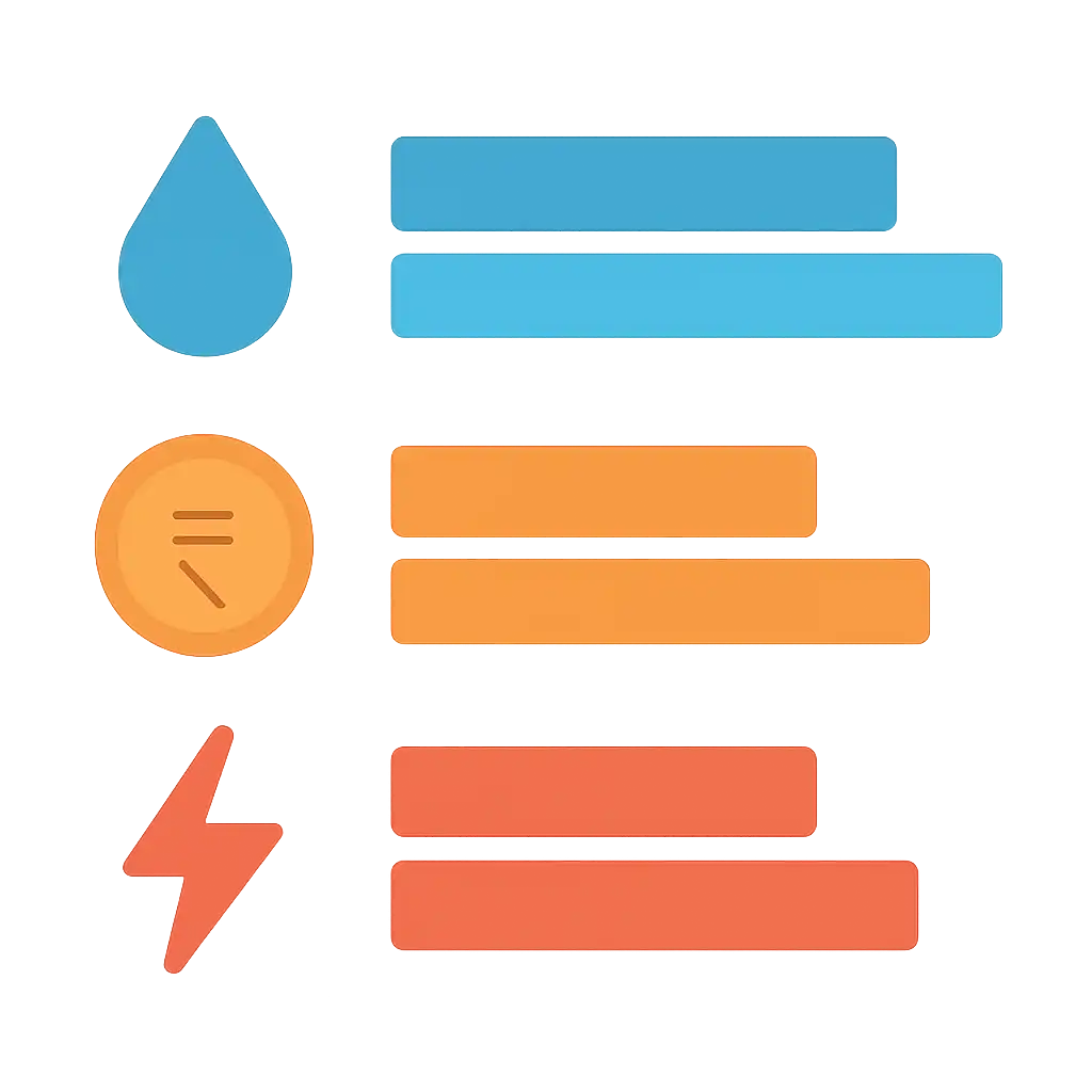 Infographic comparing options using coloured bars and icons only, no text or labels, flat design, Water