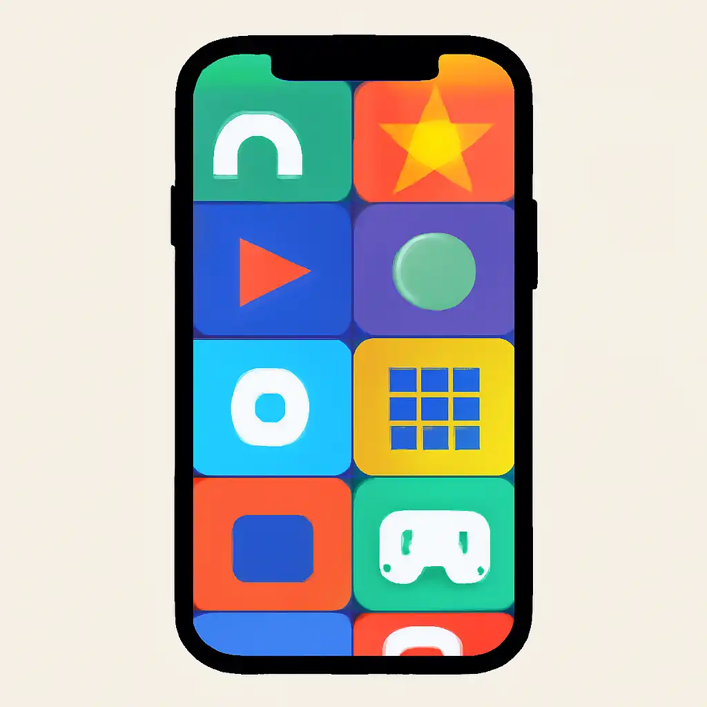 Smartphone shown from the front displaying a colourful flat layout of abstract game icons and rounded tiles (no text, no letters, no labels), Kids