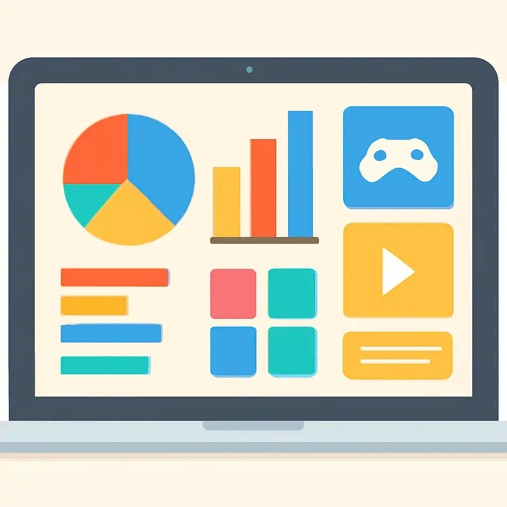 Laptop shown from the front displaying a colourful flat dashboard of abstract charts, bars and icon tiles (no text, no letters, no labels), Kids