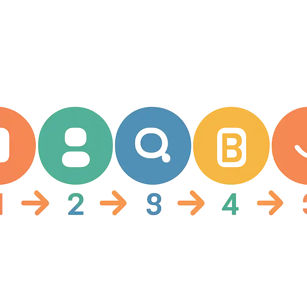 Five numbered circular icons connected by arrows in a horizontal flow, flat illustration, icons only, no words, Kids steps
